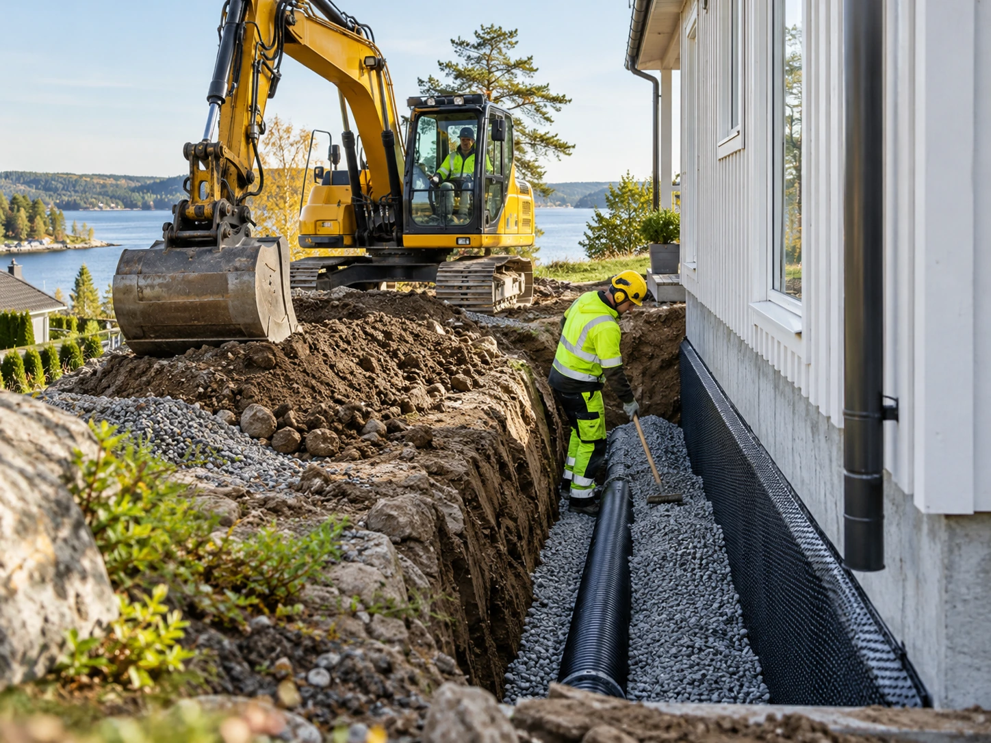 Dräneringsarbete vid husgrund
