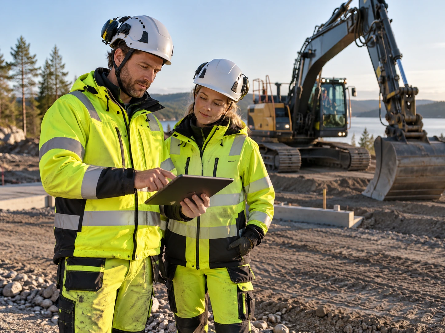 Yrkespersoner i varselkläder som går igenom ett markprojekt